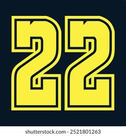 22 Clássico Vintage Sport Jersey Números uniformes em preto com um número de linha de contorno externo preto em fundo branco para futebol americano, beisebol e basquete ou futebol para camisa