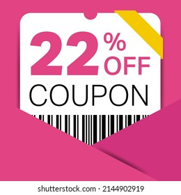 22% Coupon promotion sale for a website, internet ads, social media gift 22% off discount voucher. Big sale and super sale coupon discount. Price Tag Mega Coupon discount with vector illustration.