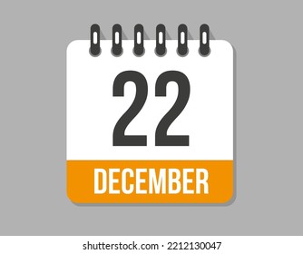 22 day december calendar icon. Orange calendar vector on light background for december month