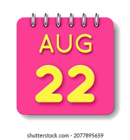 22 day of the month. 22 August. Cute calendar daily icon. Date day week Sunday, Monday, Tuesday, Wednesday, Thursday, Friday, Saturday.