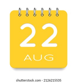 22 day of the month. August. Cute yellow calendar daily icon. Date day week Sunday, Monday, Tuesday, Wednesday, Thursday, Friday, Saturday. Cut paper. White background. Vector illustration.