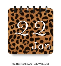 22 day of the month. January. Leopard print calendar daily icon. White letters. Date day week Sunday, Monday, Tuesday, Wednesday, Thursday, Friday, Saturday.  White background. Vector illustration.