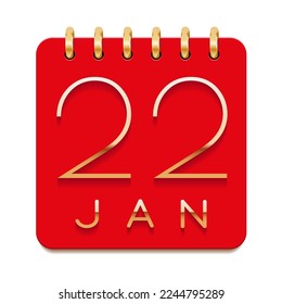 22 day of the month. January. Luxury calendar daily icon. Date day week Sunday, Monday, Tuesday, Wednesday, Thursday, Friday, Saturday. Gold text. Red paper. Vector illustration.