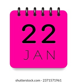 22 day of the month. January. Pink calendar daily icon. Black letters. Date day week Sunday, Monday, Tuesday, Wednesday, Thursday, Friday, Saturday. Cut paper. White background. Vector illustration.