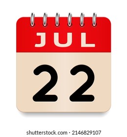 22 day of the month. July. Flip old formal calendar. 3d daily icon. Date. Week Sunday, Monday, Tuesday, Wednesday, Thursday, Friday, Saturday. Cut paper. White background. Vector illustration.