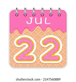 22 day of the month. July. Waffle cone calendar with melted ice cream. 3d daily icon. Date. Week Sunday, Monday, Tuesday, Wednesday, Thursday, Friday, Saturday. White background. Vector illustration.