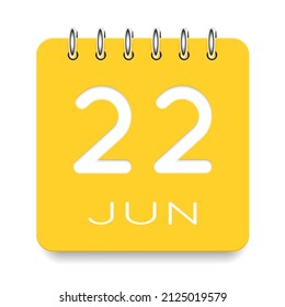 22 días del mes. Junio. Icono de calendario amarillo lindo diario. Fecha día semana domingo, lunes, martes, miércoles, jueves, viernes, sábado. Corta papel. Fondo blanco. Ilustración vectorial.