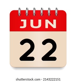 22 day of the month. June. Flip old formal calendar. 3d daily icon. Date. Week Sunday, Monday, Tuesday, Wednesday, Thursday, Friday, Saturday. Cut paper. White background. Vector illustration. 