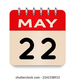22 day of the month. May. Flip old formal calendar. 3d daily icon. Date. Week Sunday, Monday, Tuesday, Wednesday, Thursday, Friday, Saturday. Cut paper. White background. Vector illustration. 
