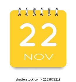 22 day of the month. November. Cute yellow calendar daily icon. Date day week Sunday, Monday, Tuesday, Wednesday, Thursday, Friday, Saturday. Cut paper. White background. Vector illustration.