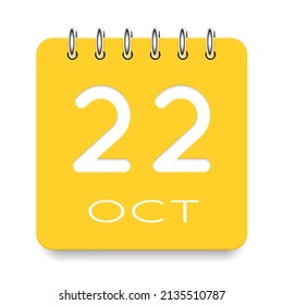 22 day of the month. October. Cute yellow calendar daily icon. Date day week Sunday, Monday, Tuesday, Wednesday, Thursday, Friday, Saturday. Cut paper. White background. Vector illustration.