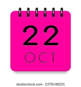 22 day of the month. October. Pink calendar daily icon with black letter. Date day week Sunday, Monday, Tuesday, Wednesday, Thursday, Friday, Saturday. Cut paper. White background. Vector illustration