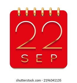 22 day of the month. September. Luxury calendar daily icon. Date day week Sunday, Monday, Tuesday, Wednesday, Thursday, Friday, Saturday. Gold text. Red paper. Vector illustration.
