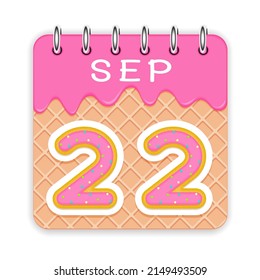 22 day of a month. September. Waffle cone calendar with melted ice cream. 3d daily icon. Date. Week Sunday, Monday, Tuesday, Wednesday, Thursday, Friday, Saturday. White background Vector illustration