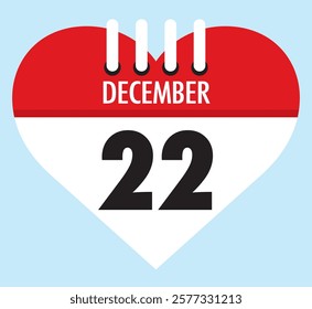 22 December calendar icon red heart shape on light sky blue color background, calendar vector symbol for the month of December.