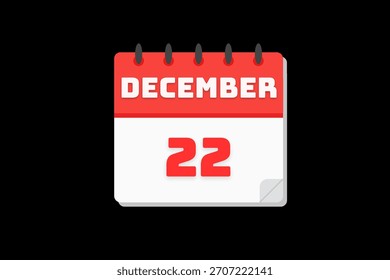 22 de diciembre mes Vector de un solo día, ilustración, calendario con rojo, blanco y blanco marco de color de fondo icono de calendario del 22 de diciembre