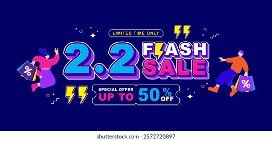 2.2 discount flash sale background with shopping cartoon characters. Vector illustration for shopping day, online shopping, special Offer coupon, voucher, banner template, websites, advertising.
