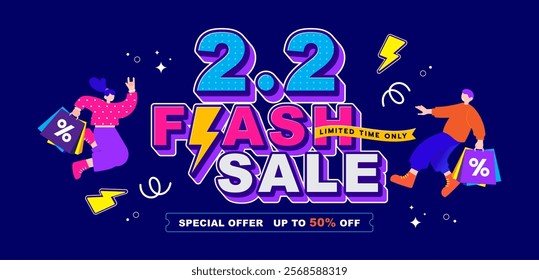 2.2 discount flash sale with shopping cartoon characters. Vector illustration for shopping day, online shopping, special Offer coupon, voucher, banner template, websites, social media advertising.