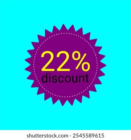 22% discount tag. Purple and yellow label. Store promotions, online commerce sales. Twenty two percent off.