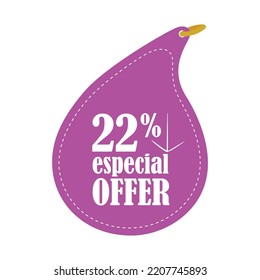 22 % especial offer vector illustration. Twenty two percent discount tag. Rounded shape. Down arrow. Dotted line. Purple color. White text. White background.