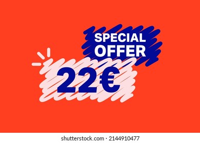 22 Euro OFF Sale Discount banner shape template. Super Sale Euro 22 Special offer badge end of the season sale coupon bubble icon. Modern concept design. Discount offer price tag vector illustration.