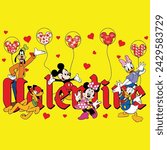 22 february 2024, solo, indonesia,Whimsical Walt Disney Characters in Pink Love: Mickey, Minnie, Goofy, Pluto, Donald Duck, Daisy Duck Illustration for Valentine