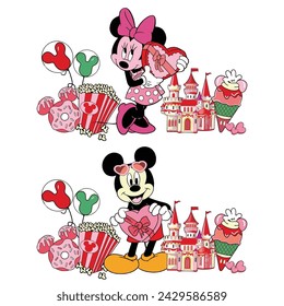 22 february 2024, solo, indonesia,Whimsical Walt Disney Characters: Mickey, Minnie, and Love-themed Valentine's Gift Design in Pink Happiness
