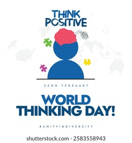 22 February 2025 World Thinking Day. Thinking day celebration poster shows a person with a brain and puzzle pieces promoting positive thinking and unity in diversity.