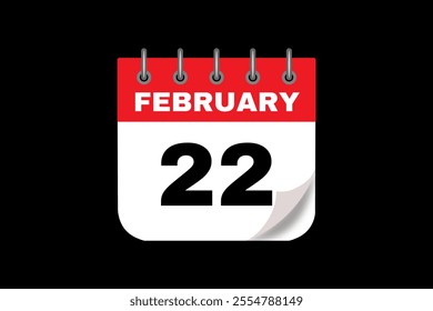 22 February calendar icon text page monthly web design on red, white and black background vector, icon, or illustration with the month of February 22