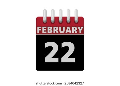 22 February calendar icon text page monthly web design on red, black and white background vector, icon, or illustration with the month of February 22