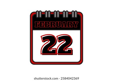 22 February calendar icon text page monthly web design on red, black and white background vector, icon, or illustration with the month of February 22