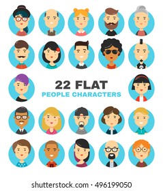 22 flat people characters avatars icons set. Many modern city people vector cartoon illustration. Isolated on white background 