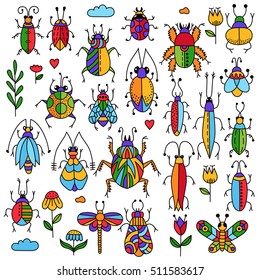 22 funny hand drawn doodle bugs insects collection flowers included. Colorful small creatures. Big vector set.