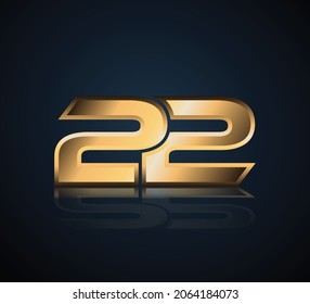 22 Gold 3D Number Logo in dark background with realistic reflection