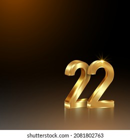 22 golden 3D numbers, 2022 Happy New Year. Square banner. Holiday design for greeting card, anniversary, birthday, invitation, calendar, party, gold luxury vip, vector isolated on black background