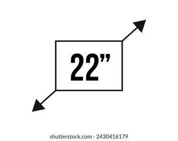 22 pulgadas. Medición de pantalla vectorial y resolución en pulgadas. Tamaño en pulgadas aislado sobre fondo blanco