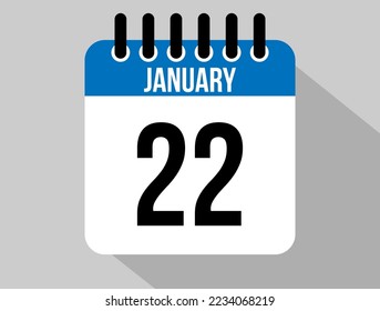 22 January calendar vector icon. Blue january date for the days of the month and the week on a light background