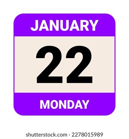 22 de enero, lunes. Plantilla de fecha. Diseño útil para la promoción de calendarios o eventos. Ilustración vectorial Archivo EPS 10. Aislado sobre fondo blanco. 