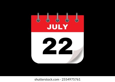 22 July calendar icon text page monthly web design on red, white and black background vector, icon, or illustration with the month of July 22