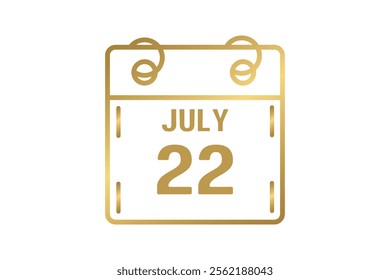 22 July calendar icon text page monthly web design on golden and white background vector, icon, or illustration with the month of July 22