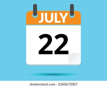 22 July. Flat icon calendar isolated on blue background. Vector illustration.