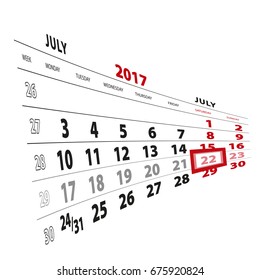 22 July highlighted on calendar 2017. Week starts from Monday. Vector Illustration.