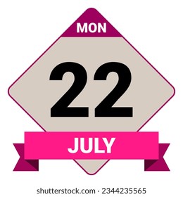 22 de julio, lunes. Plantilla de fecha. Diseño útil para la promoción de calendarios o eventos. Ilustración vectorial Archivo EPS 10. Aislado sobre fondo blanco. 