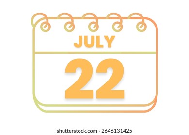22 julho mês vetor dia único, ilustração, calendário com laranja, amarelo, marrom e branco ícone de calendário de fundo de cor de julho 22