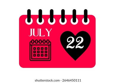 22 july month single day vector, illustration, calendar with red, black and white color background calendar icon of july 22