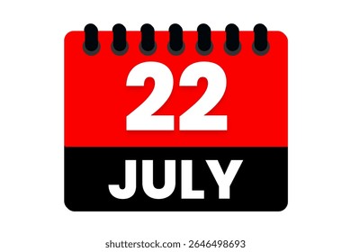 22 julho mês vetor dia único, ilustração, calendário com vermelho, preto e branco ícone de calendário de fundo de cor de 22 de julho