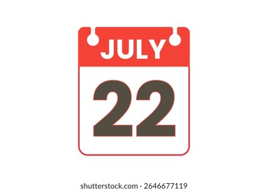 22 julho mês vetor dia único, ilustração, calendário com vermelho, preto e branco ícone de calendário de fundo de cor de 22 de julho