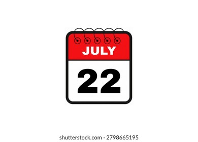 22 July month single day vector, illustration, calendar with red, black and white color background frame calendar icon of July 22