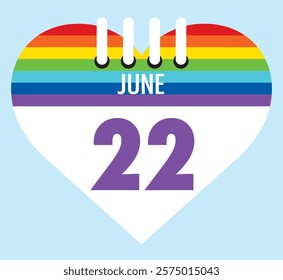 22 June calendar icon pride color heart shape on light sky blue color background, calendar vector symbol for the month of  June.