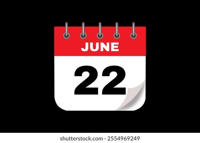 22 June calendar icon text page monthly web design on red, white and black background vector, icon, or illustration with the month of June 22